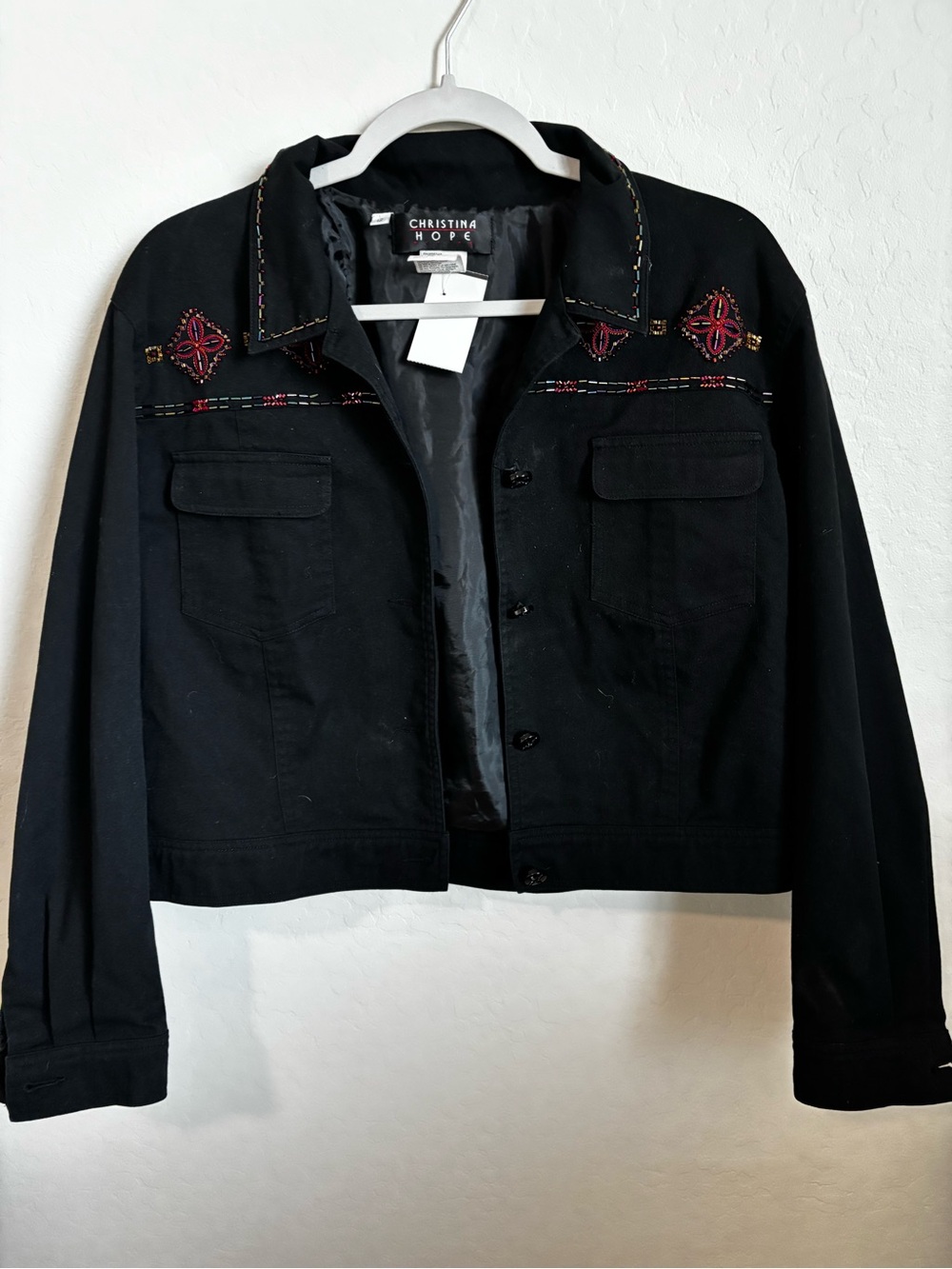 Beaded Embroidered Denim Jacket Christina Hope Petite Black Cropped Boho Size 12